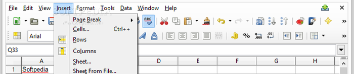 Showing the LibreOffice Calc insert menu